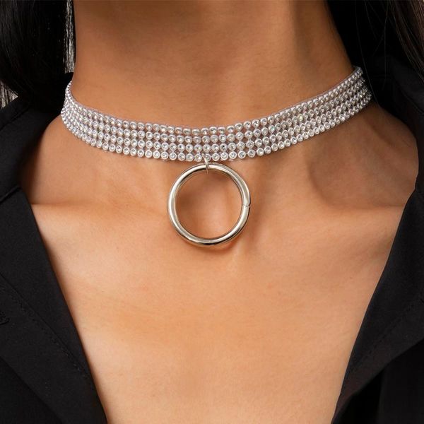 

pendant necklaces lacteo bohemian 4 rows shiny rhinestone clavicle chain choker necklace for women punk metal round circle, Silver