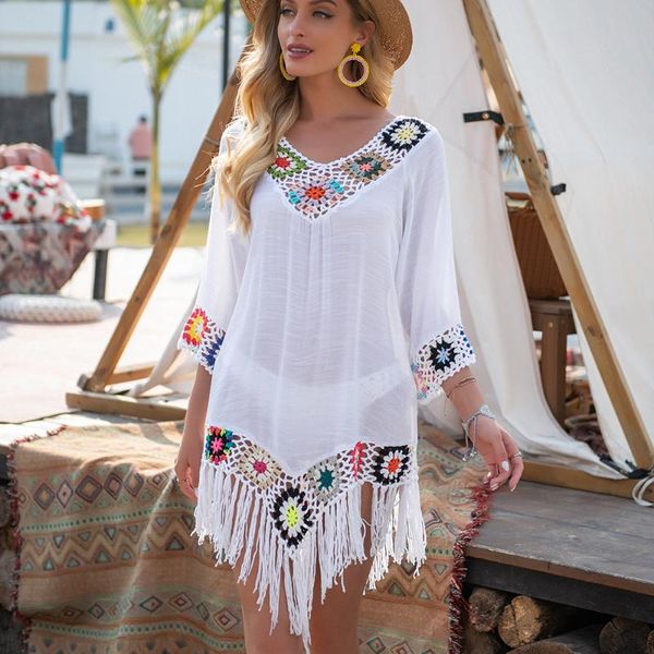 

one-piece suits crochet bikini white cover up with fringe trim women hollow tunic beach dress 2021 summer bathing suit beachwear