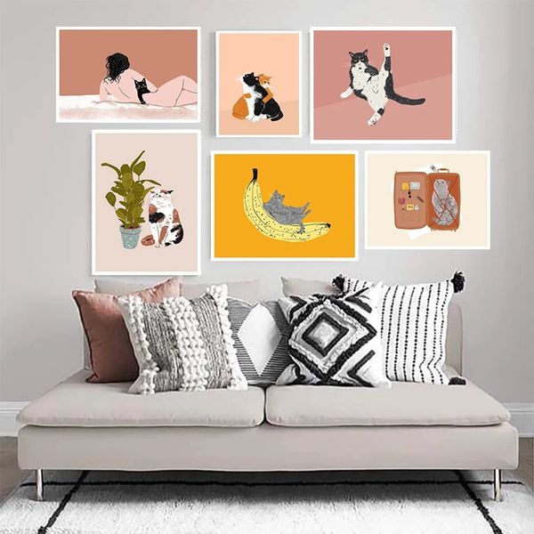 

unframed painting modern wall decoration cartoon cute cat and woman poster