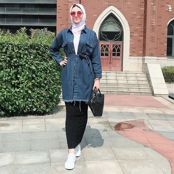 

muslim outwear jeans women single-breasted lace-up denim coat spring slim fit lapel jaet coats islamic clothing with belt, Red