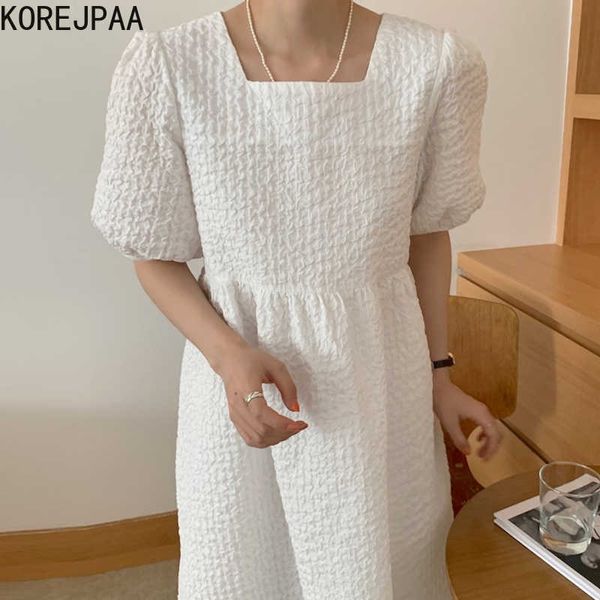 Korejpaa Mulheres Dress Coreia Chique Cute Cute Quadrado Quadrado Dobra Design Loose Bubble Sleeves Kawaii Vestidos de Cor Sólida Feminino 210526