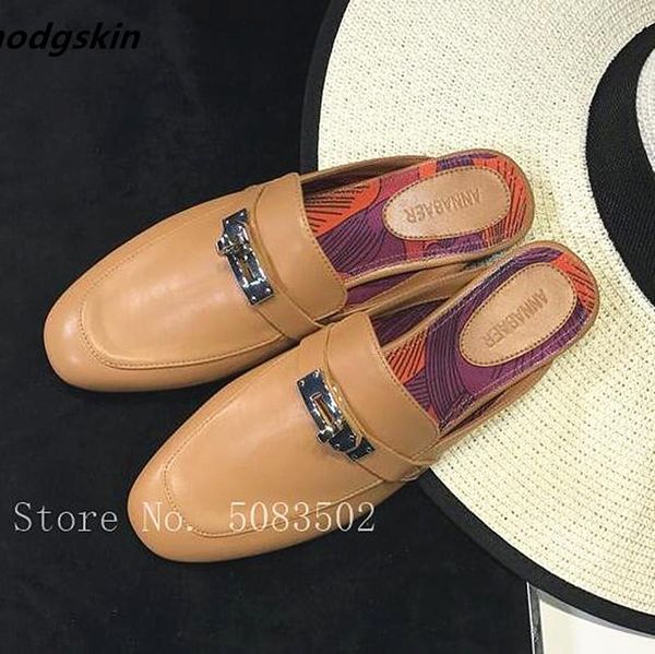 

slippers 2021 metal decor buckle round toe flats women shoes slingbacks slip on soft leather loafers casual woman, Black