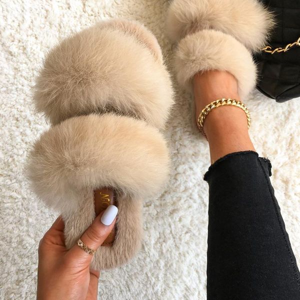 

slippers furry fur slides real fluffy flip flops ladies plush house cozy soft flat sandals women warm shoes, Black