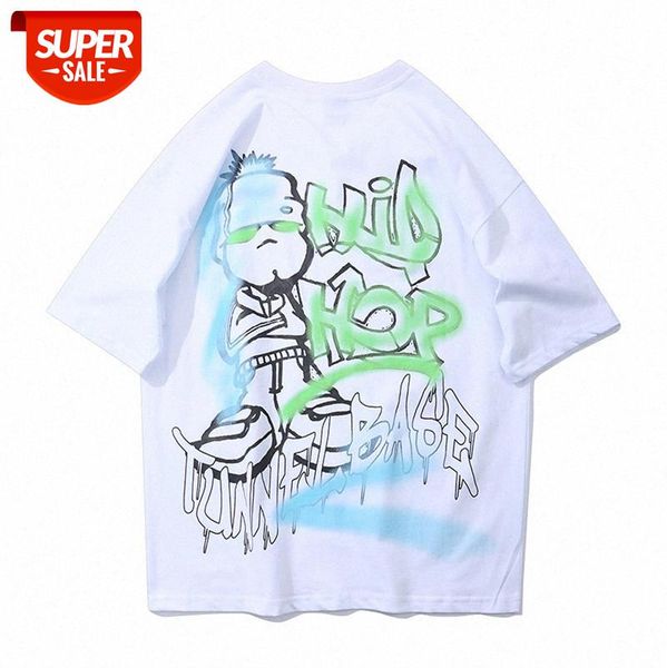 

american high street hipster print t-shirt loose trend graffiti illustration printing short-sleeved tee men and women #vi6a, White;black