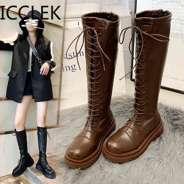 

leather thick-soled boots for women black middle calf round head botas mujer middle heel zipper lace-up for women winter shoes 210428
