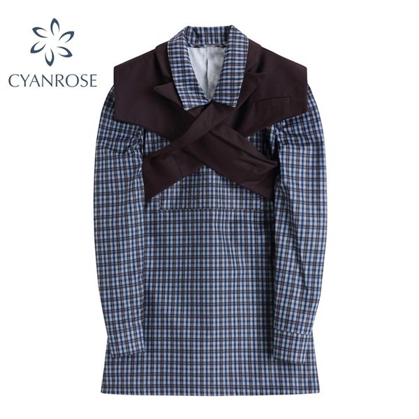 

vintage desigh plaid dress woemn with shawl bandage elegant crop dresses female lapel long sleeve loose stylish korean vestidos 210515, Black;gray