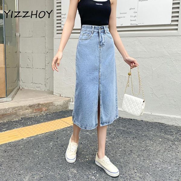 

skirts yizzhoy summer high waist a-line retro blue split medium denim skirt women casual loose ladies jeans mid-calf, Black