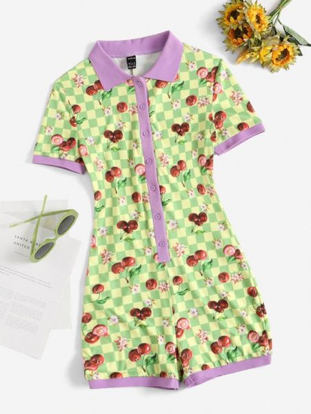 

plaid & cherry print button front collared unitard jumpsuit n2yu#, White