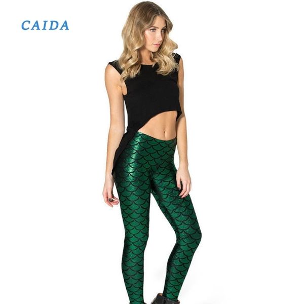 

caida women fish scale leggings plus size mermaid fashion high waist fitness workout leggins pants, Black;white