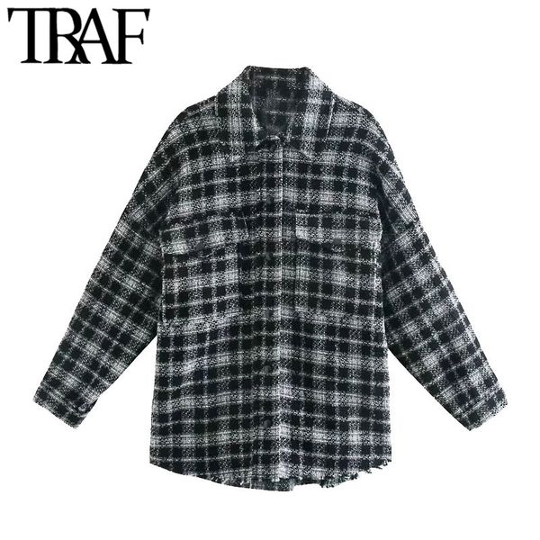 TRAF Mulheres Moda Com Bolsos Oversized Tweed Jaqueta Casaco Vintage Manga Longa Manga Desfiada Hem Feminina Outerwear Chic Overshirt 210415