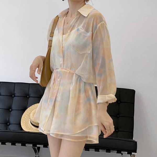 

women's tracksuits fashion suit summer long sleeve printed shirt wide leg shorts two piece set 793, Gray