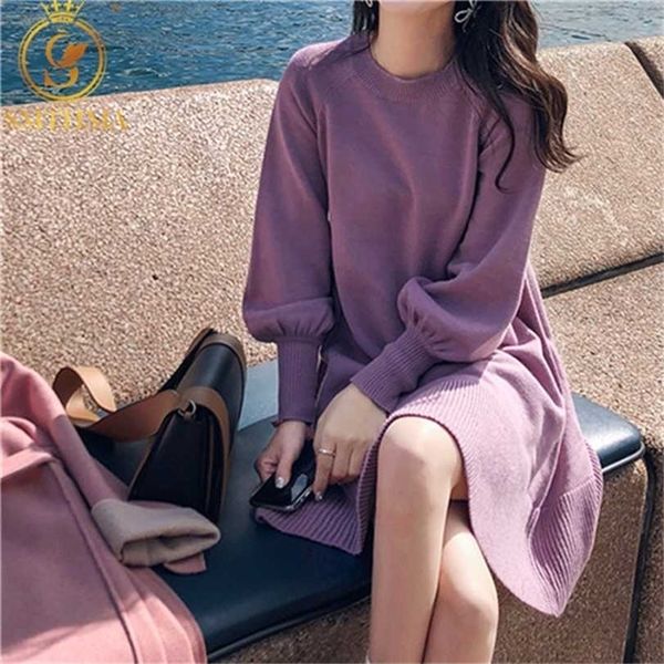 

spring korea dresse knitting oversize autumn lantern sleeve fashion mini sweater vestidos 211220, Black;gray