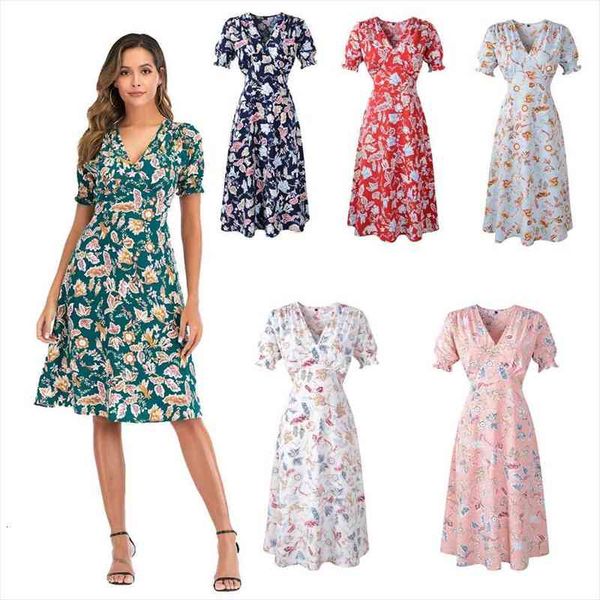 

casual elastic waist boho beach women dresses summer floral print vintage chiffon midi vestido de festa, Black;gray