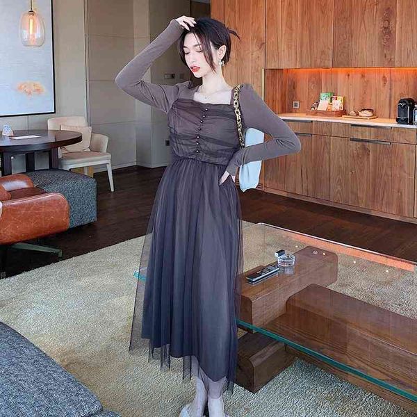 

office lady women long dress spring french korea style patchwork full sleeve knitting dresses black apricot 1323 casual, Black;gray