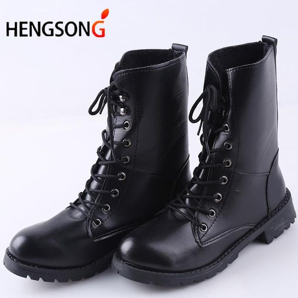 

boots black punk women lace up pu leather thick heel ankle spring autumn fashion