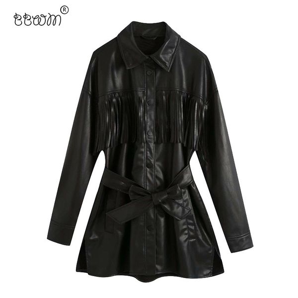 BBWM Women Fashion Tassel Faux Giacca in pelle con cintura vintage manica lunga manica a maniche lunghe cappotto femminile chic tuta sportiva 210520