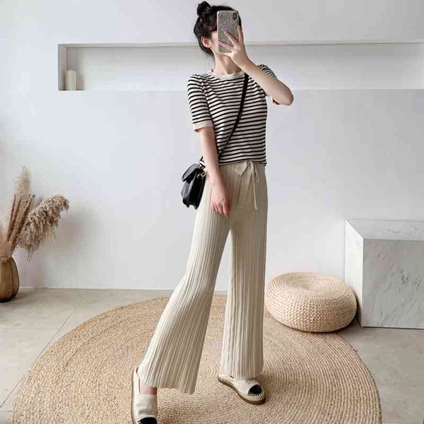 

summer short sleeve women striped knitted sweater suit sets+tracksuits lace up wide leg pant 2 piece 210520, White