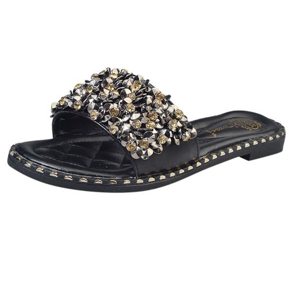 

slippers women word shiny rhinestone beach shoes flat non-slip sandals fashion round toe slipper shoe outside apr 23, Black