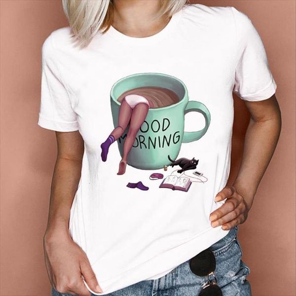 

graphic cartoon coffee cat women t shirt 90s fashion short sleeve summer spring lady clothes tees print female, White