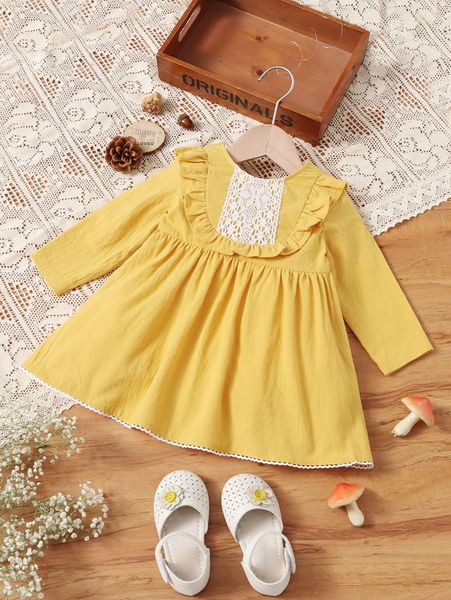 

baby contrast lace ruffle trim smock dress she, Red;yellow