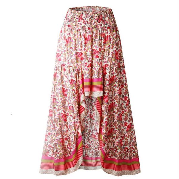 

50% sales stylish elastic womens skirts high waist ethnic floral print low hem long skirt, Black