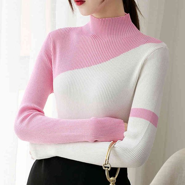 

jmnfc mulheres suÃ©ter moda metade gola alta patchwork outono manga comprida malha casual chique fino coreano senhoras top, White;black