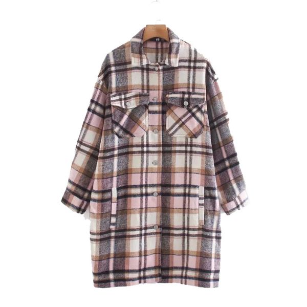 

women's plaid lapel long sleeve warm coat fashion street loose pocket shirt jacket 210521, Black;brown