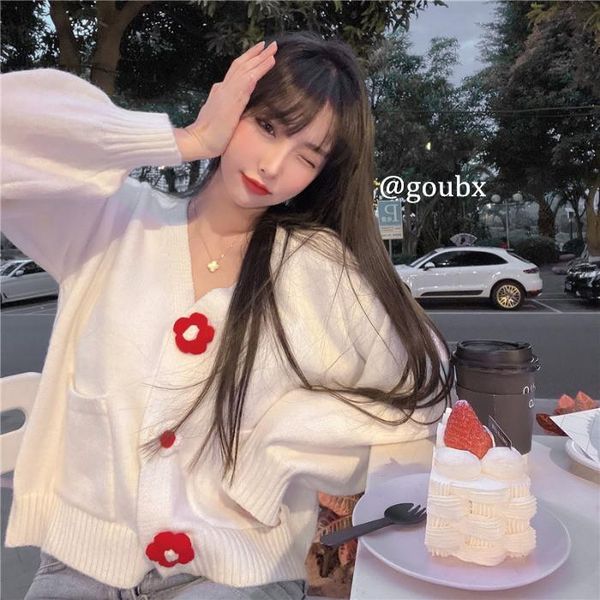 

women's knits & tees gentle sweater coat for women 2021 autumn and winter korean style versatile fashion flower knitted cardigan top, White