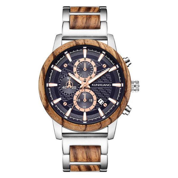 

wristwatches 2021 amazon sports men's watch wood set quartz calendar multi-function fashion, Slivery;brown