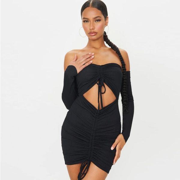 

casual dresses spring/summer arrival sheath women dress wrap chest collar pull rope pleated long-sleeved for party girls, Black;gray