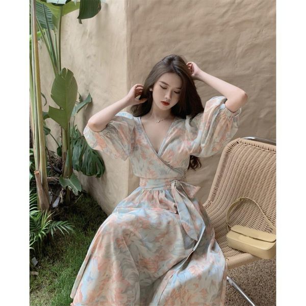 

party dresses superaen floral print puff sleeve a line dress women's 2021 summer v-neck design waist, White;black