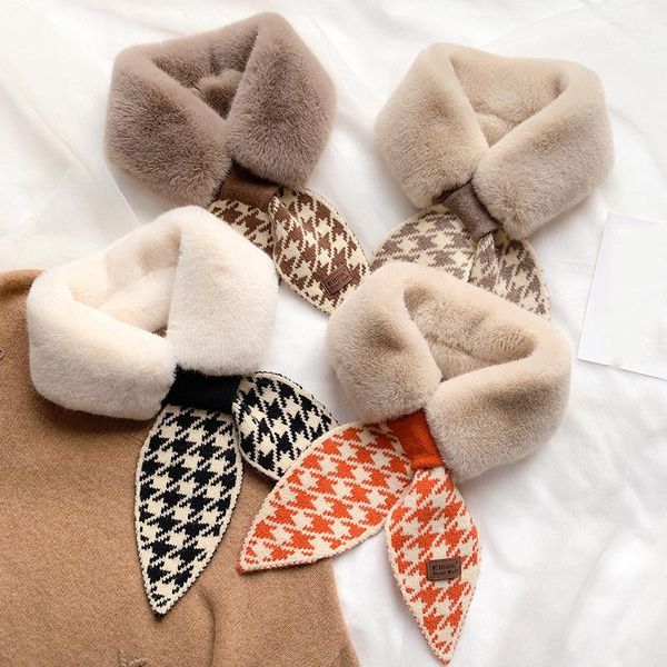 

scarves 2021 autumn winter houndstooth fashion crochet knitted scarf collar fluffy faux fur neck warmer for women, Blue;gray