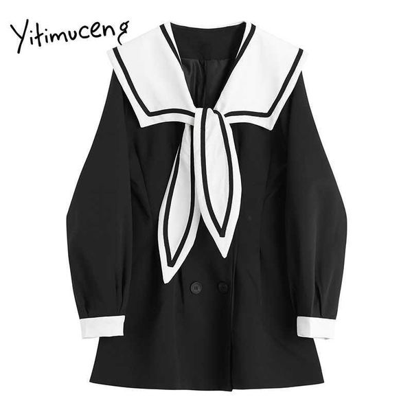 Yitimuceng Schwarze Kleider Frauen Springknopf hoch Taillen-Seemann-Kragen A-Linie solide koreanische Mode Preppy Style Kleid 210601