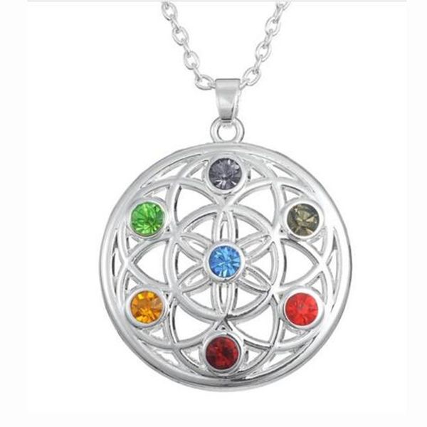 

pendant necklaces flower of life buddha infinity feather 7 chakra crystal symbol necklace buddhist jewelry, Silver
