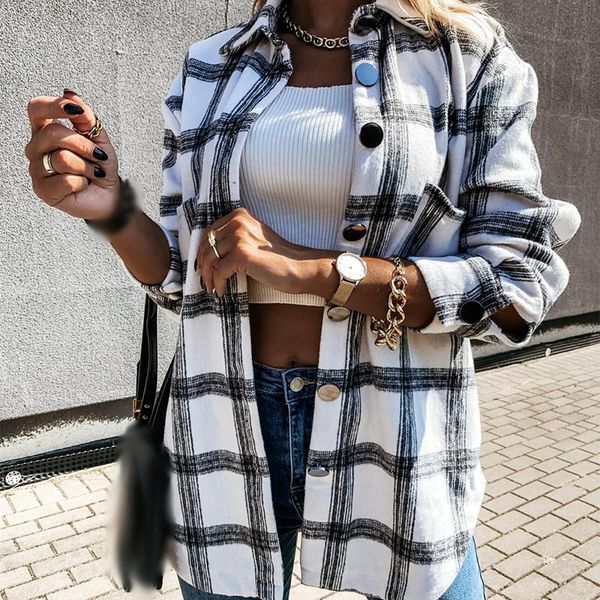 

oversize womens shirt plaid long sleeve female clothing check button ladies chemises 2021 spring loose fashion jacket chemises, White