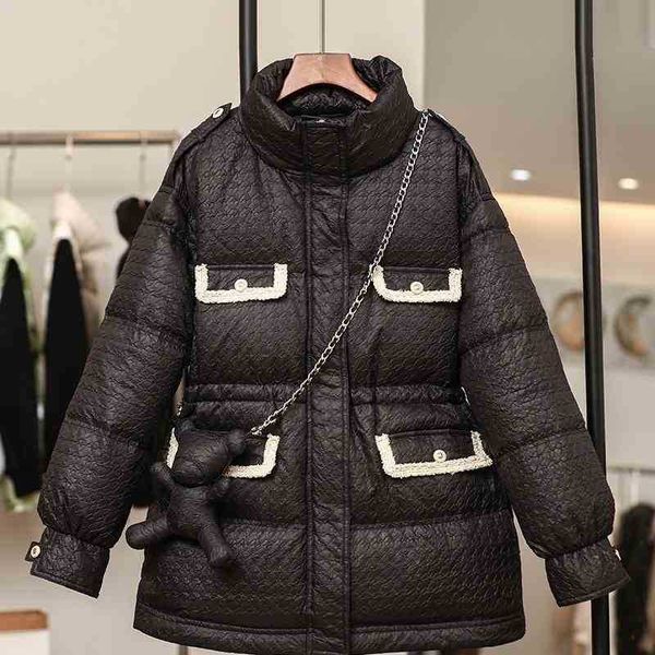 

winter temperament trend small fragrance thickened down with bear decoration loose waist retractable women's jacket, Black