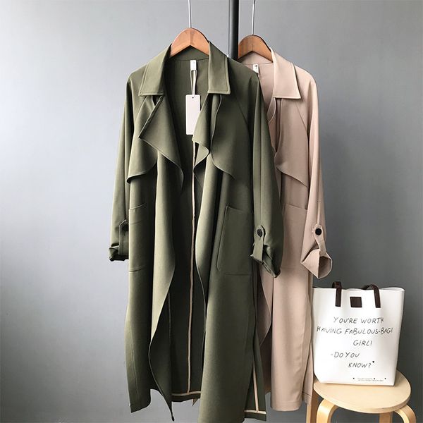 

women's trench coats spring light mature windbreaker lapel long windproof fashion over knee straight casual coat gibg, Tan;black