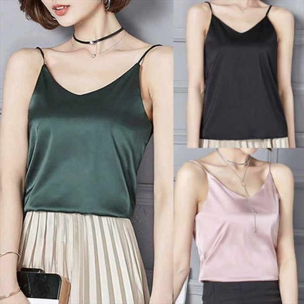 

summer silk camisole women tanks bottom shirt v neck cropped camis feminino female t soft satin tank top, White