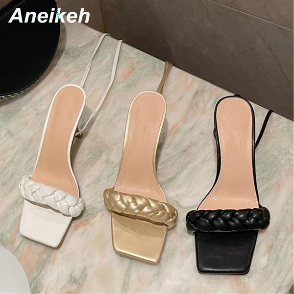 

aneikeh fashion sandalias mujer pu ladies shoes summer stiletto heels pumps gladiator novelty cross-tied elegant checkered sandals, Black