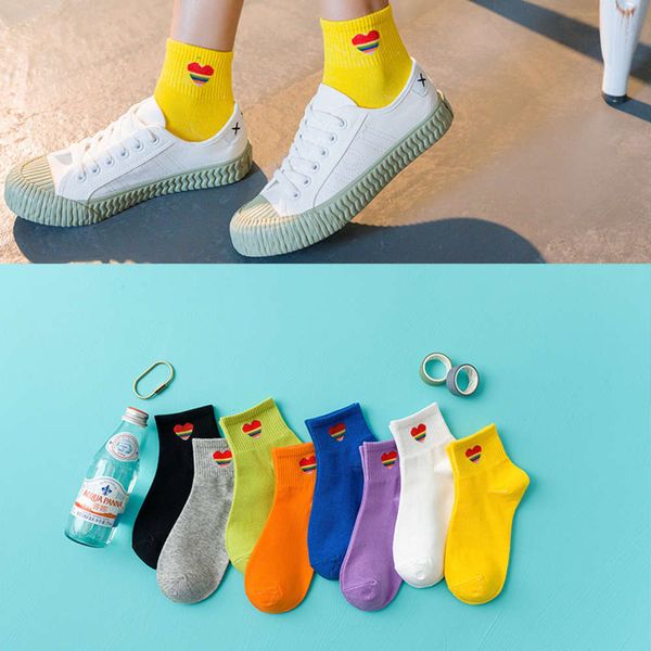 

ins fashion rainbow love patterned women socks soft cpmfortable sport ankle for female college style casual sox, Black;white