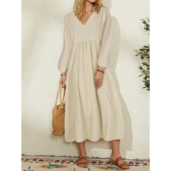 

casual dresses v neck dress lantern sleeve autumn midi loose fit shift, Black;gray