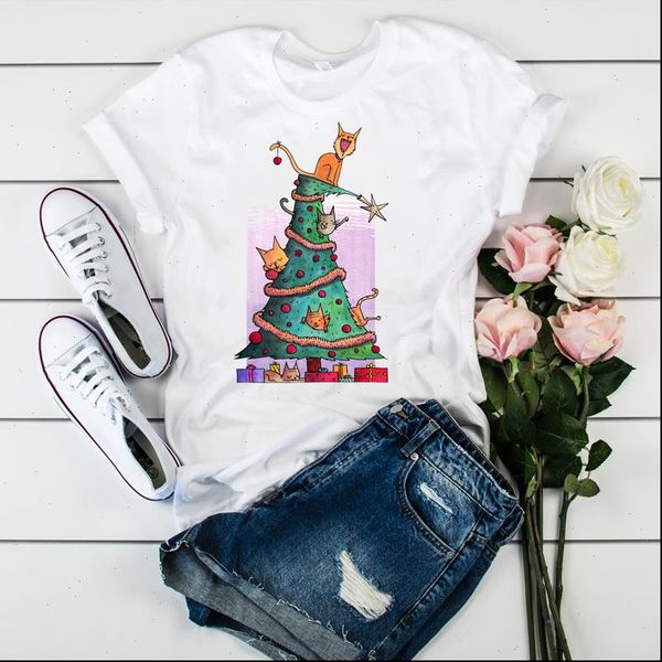 

merry christmas tree printed women t shirts short sleeve loose tee, White