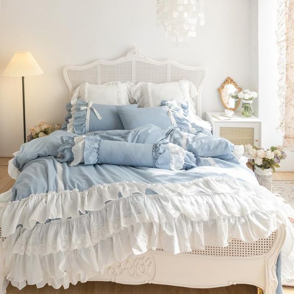 

bedding sets luxury princess white lace ruffles set 100% cotton single double duvet cover bed skirt pillowcases home textiles
