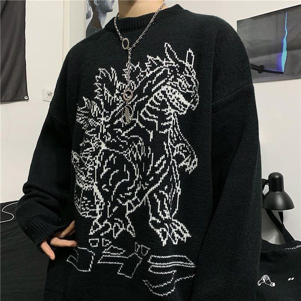 

harajuku men's and women's black vintage dragon knitted large sweaters, hip-hop cloth, 2021 gothic sweaters, White;black