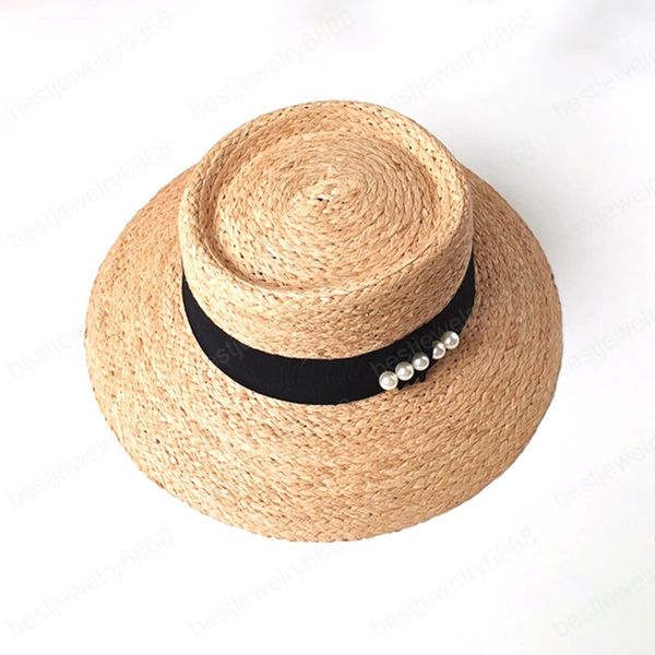 2021 Moda Verão Chapéu de Palha de Brim Grande para Mulheres Anti-UV Panamá Beach Hats Ladies Pearl Ribbon Sun Cap Holiday