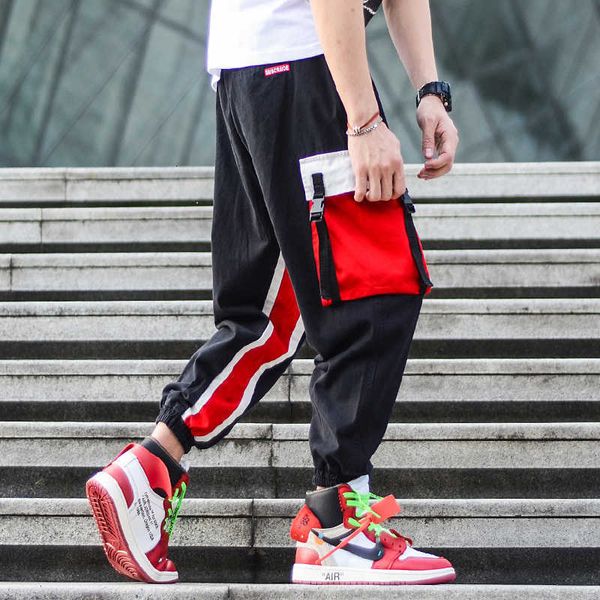 

men's pants ly designer fashion casual joggers stripe spliced big pocket fit hip hop slack bottom trousers yefj, Black