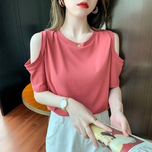 

take care of off the shoulder clothes on plane: fashion in 2021 summer korean super fire design women's t-shirt, White