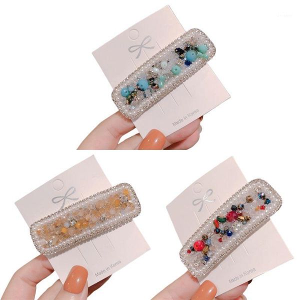 

ladies banquet party bb hair clip colored jewelry beaded rectangle hairgrip luxury rhinestone faux pearl styling snap barrette1