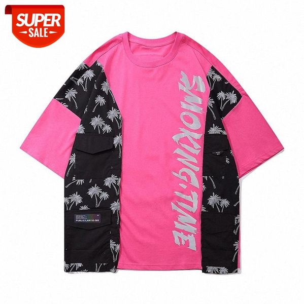 

holiday style high street color matching coconut tree print t-shirt loose reflective letter pocket short sleeve tee #mc2a, White;black