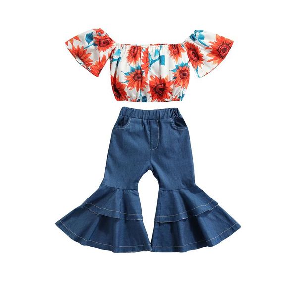 

clothing sets 2pcs kids suit summer floral print boat neck short sleeve solid color flared jeans for girls, White